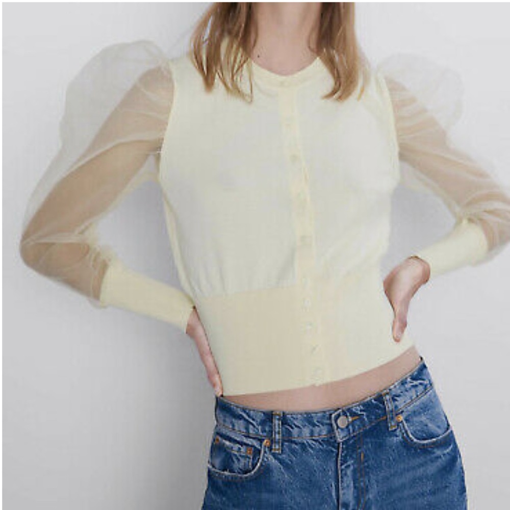 ZARA- yellow organdy flowing sleeve jacket - Picture 7 of 8